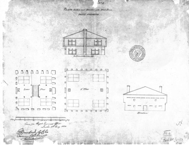 Plan as built of the 1812 Blockhouse at Point Frederick (LAC 4628). Plan as built of the 1812 Blockhouse at Point Frederick (LAC 4628).