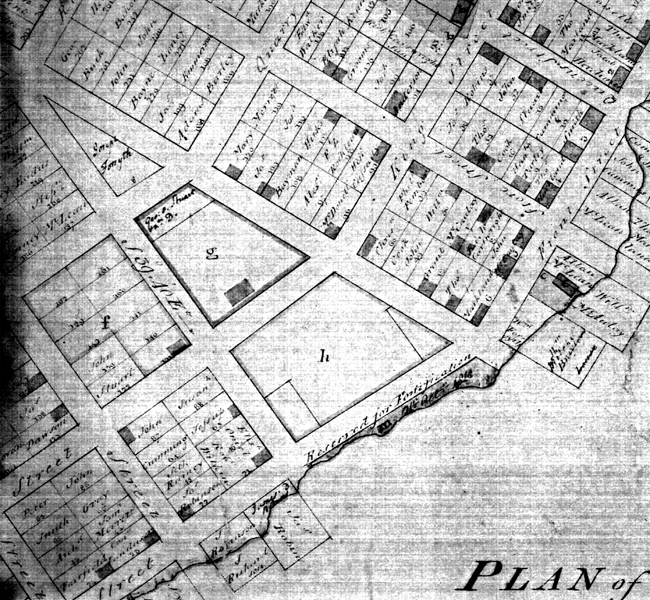 Detail of a plan of 1810 showing "h" as "Market Place Reservation" (LAC 3888). Detail of a plan of 1810 showing "h" as "Market Place Reservation" (LAC 3888).