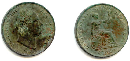 Copper halfpenny from the reign of William IV (1831). Copper halfpenny from the reign of William IV (1831).
